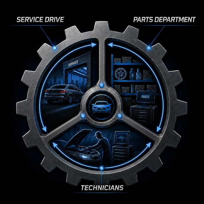 A gear diagram showing the service drive, parts department, and technicians working in a continuous loop
